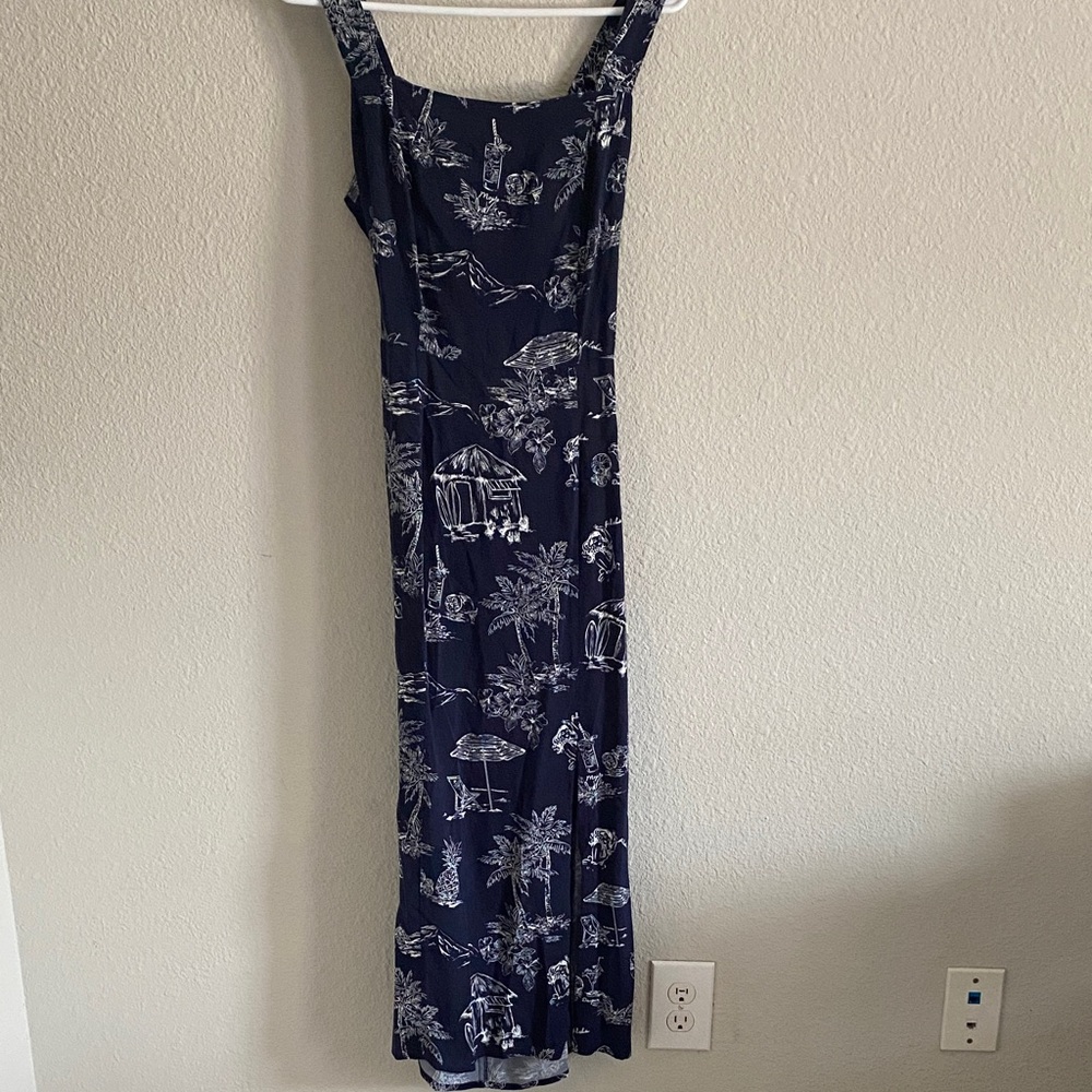 Navy Blue Tropical Print Maxi Dress